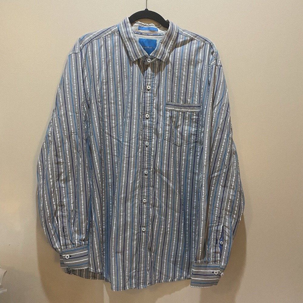 Tommy Bahama Shirt Mens Size XXL Blue Striped Button Up Long Sleeve Flip Cuff